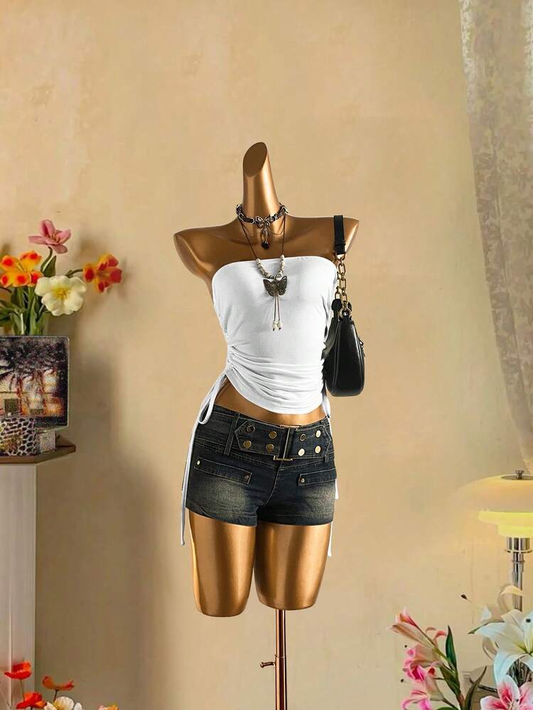 Attitoon Women's Casual Drawstring Tie-Front Cropped Tube Top - White - View 6