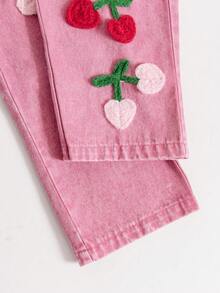 少女复古手工钩织3D粉红色樱花图案，舒适宽松休闲水洗粉色阔腿牛仔裤，适合日常休闲、学校、校园、度假等场合，手工3D钩织直筒裤 - 粉色 - 查看 6