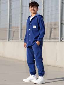 Vacaura 青少年男孩灯芯绒拼布休闲长袖连帽衬衫套装 - 寶藍色 - 查看 1