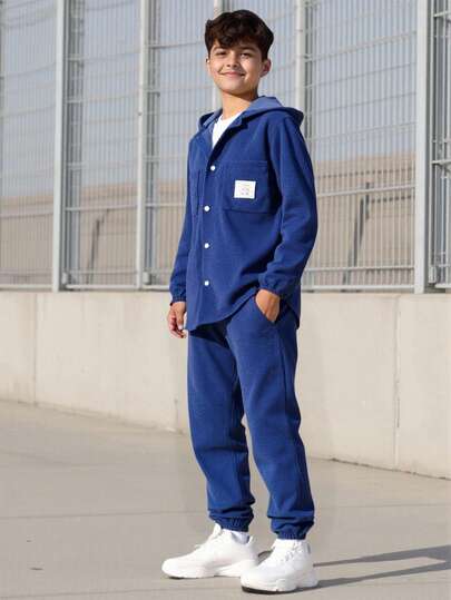 Vacaura 青少年男孩灯芯绒拼布休闲长袖连帽衬衫套装