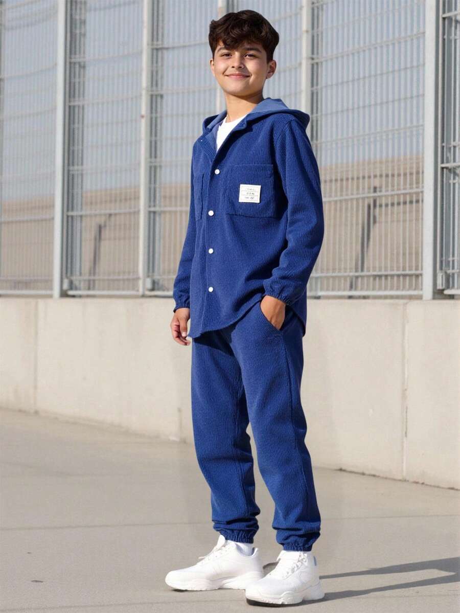 Vacaura 青少年男孩灯芯绒拼布休闲长袖连帽衬衫套装 - 寶藍色 - 查看 1