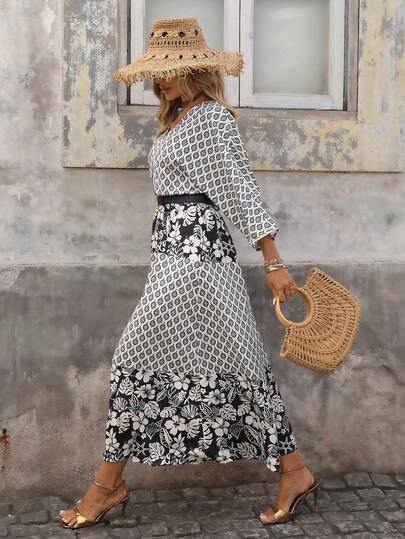 Brillora Vestido midi de mujer con cuello en V y medio abierto, de tela texturizada, corte holgado, manga larga, adecuado para salidas y vacaciones, otoño/invierno