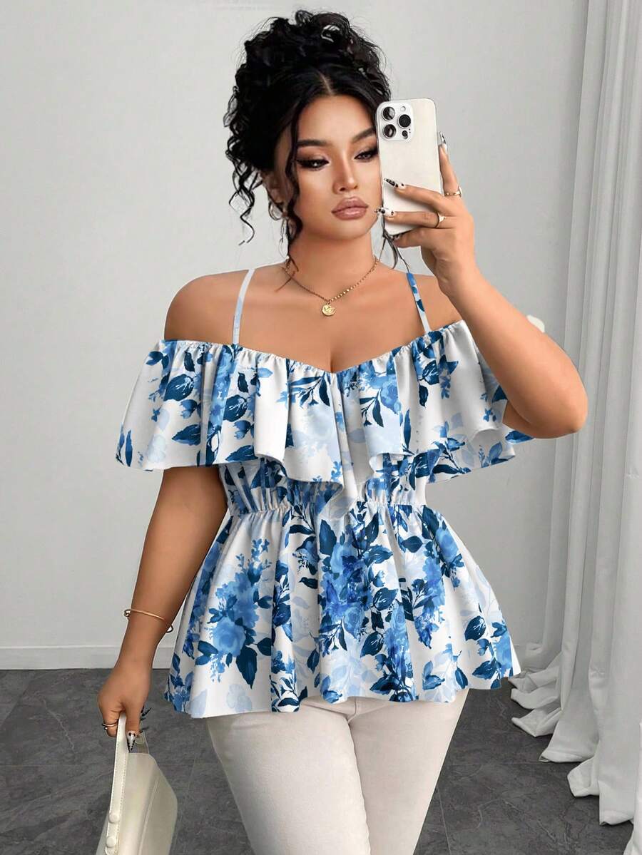 Elenzga Plus Size Elegant Off Shoulder Ruffle Trim A-Line Blouse, Spring/Summer - Blue - View 1