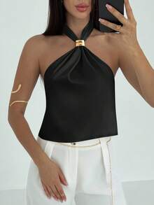 Aloruh توب بدون ظهر بتصميم عقدة مثير بأسلوب بودي كون للنساء - الأسود - مشاهدة 7