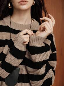 Zovinel Áo len dáng rộng cổ tròn kẻ sọc phối màu đơn giản cho nữ, mùa thu/đông - Nhiều màu - Xem 5