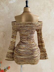 Soleia Váy lệch vai dệt kim gradient mới, dệt kim họa tiết, màu cam nâu ombre, thích hợp cho tiệc trà chiều, bãi biển, bờ biển và các dịp nghỉ dưỡng khác - Nhiều màu - Xem 2