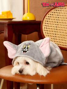 TOM & JERRY X PETSIN 一件装刺绣大耳朵蓝色猫咪宠物猫狗通用灰色毛绒舒适吸水狗帽浴袍