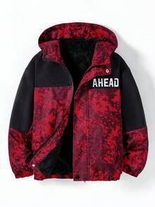 Fantacosmos 1 件男童迷彩连帽羊毛夹克，适合日常穿着，冬季 - 紅色 - 查看 1