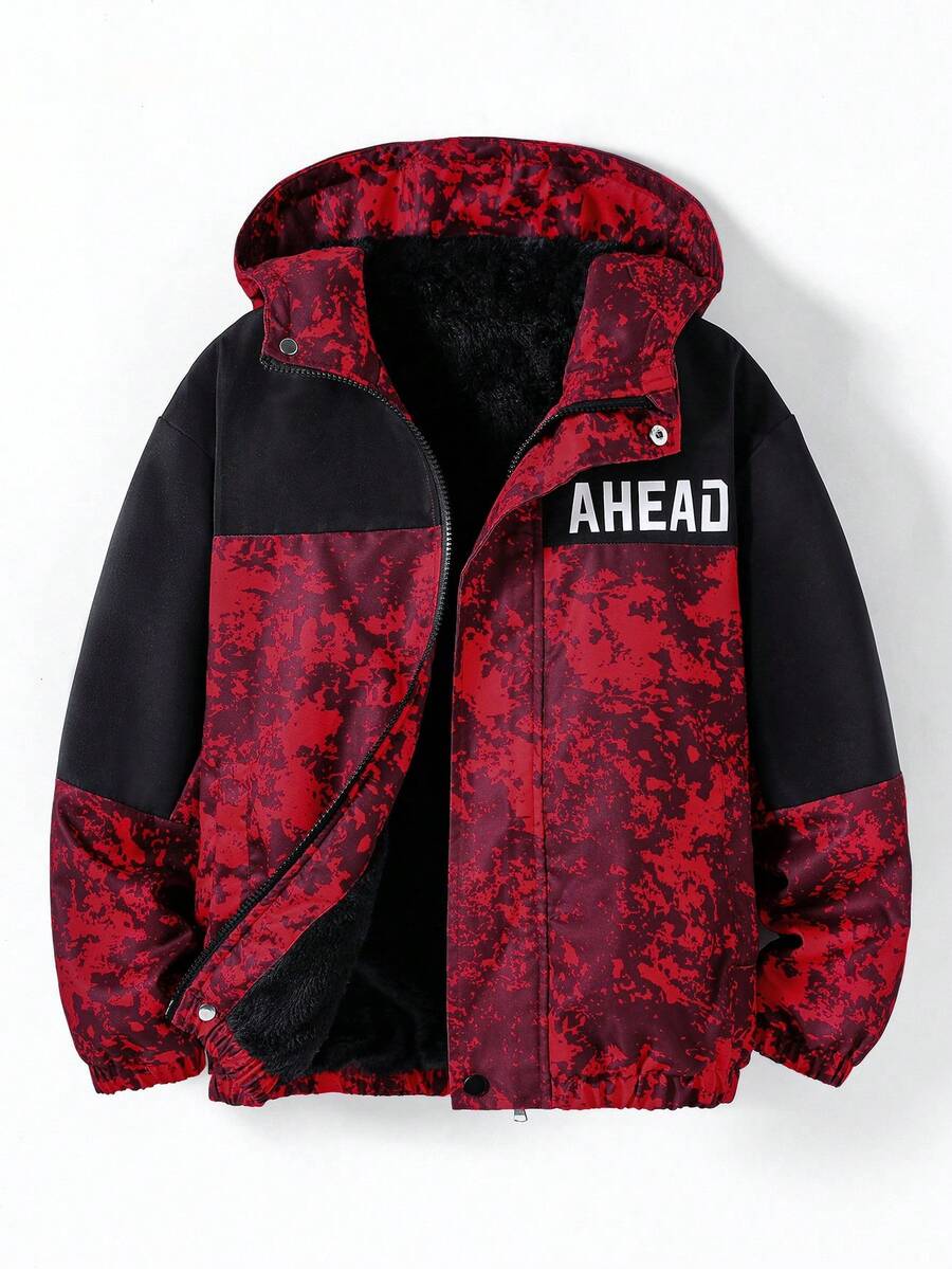 Fantacosmos 1 件男童迷彩连帽羊毛夹克，适合日常穿着，冬季 - 紅色 - 查看 1