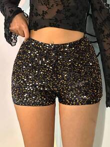 SHEIN EZwear 黑色和金色女士亮片针织派对短裤 - 金色 - 查看 6
