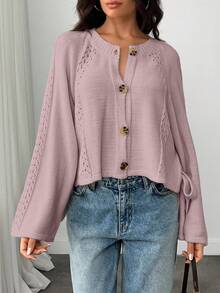 EURMUSE Women Button Front Cut Out Tie Detailed Spring Cute Cardigan - Dusty Pink - View 3