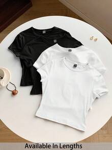 SHEIN Tall CURVE 加大码四件套纯色短款圆领短袖修身女式T恤，适合夏季穿着 - 彩色 - 查看 1