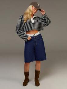 Athîral Women's Dark Blue Stretch Denim Bermuda Shorts, Classic Casual Jeans For Everyday Wear