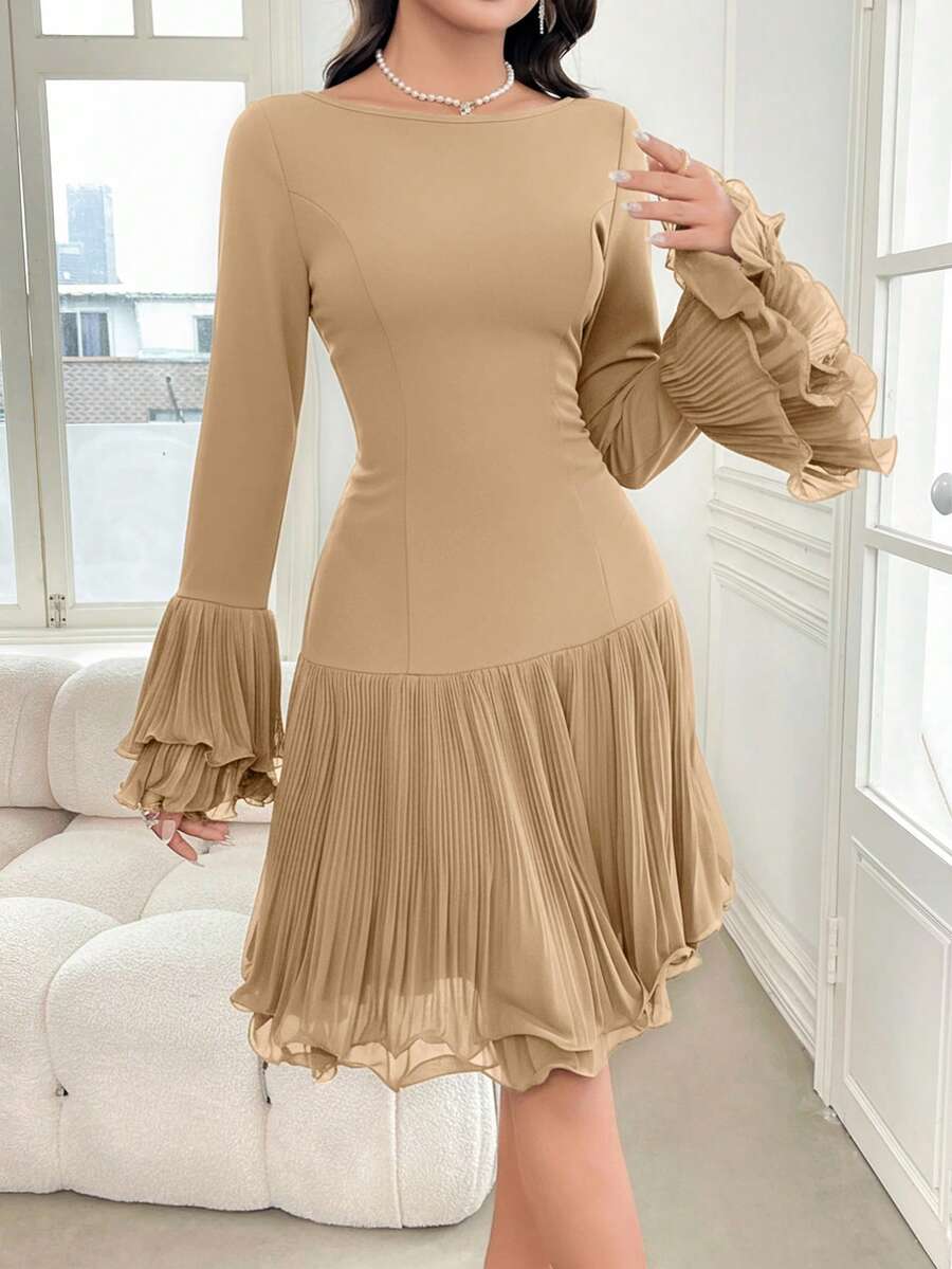 Modelyn 女士时尚纯色荷叶边层叠迷你连衣裙 - 卡其色 - 查看 1