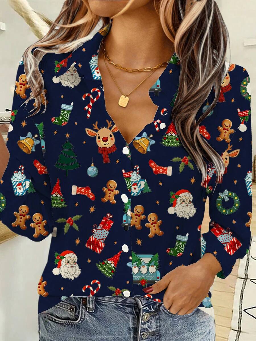EMERY ROSE Casual Minimalist Christmas Long Sleeve Women Shirt, Suitable For Autumn/Winter Christmas Season - Blue - View 1