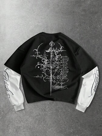 T-shirt à manches longues pour hommes avec patchwork imprimé croix sombre et anglais, pour usage quotidien