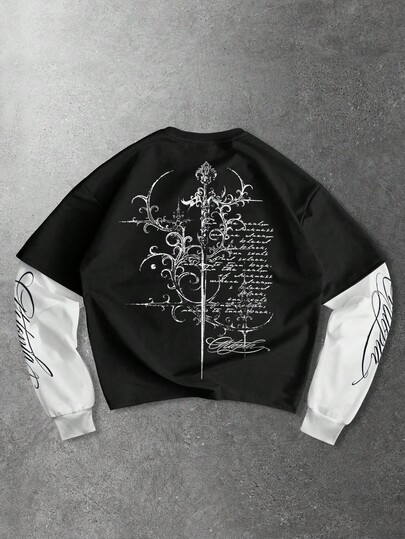 Maglietta a maniche lunghe da uomo con stampa a patchwork di croci scure e scritta in inglese, per uso quotidiano