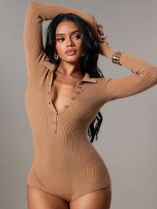 Hauture 女士性感休闲纯色舒适前扣 Polo 针织连体衣 - 駝色 - 查看 1