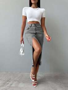 EURMUSE Minissaia jeans feminina casual lavada com fenda alta - Cinza - Ver 3