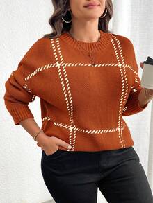 Elenzga Plus Size Casual Colorblock Plaid Knit Sweater, Autumn/Winter Fall - Orange - View 4