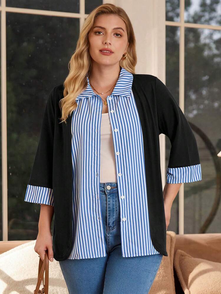 Plus Size Solid & Striped Patchwork Long Sleeve Shirt/Winter