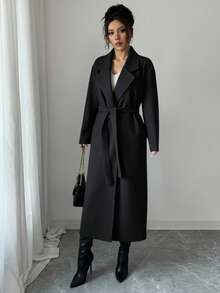 EURMUSE Ancora Women's Solid Stand Collar Double Breasted Coat, Fall/Winter, Women's Burgundy Oversize Overcoat - Black - View 1