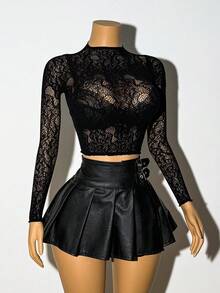 EgrlEra Black Sexy Lace Jacquard Long Sleeve Top - Black - View 1