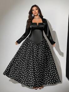Viva Relle Plus Size 2 Pieces Set: Sexy Square Neck Long Sleeve Top & Polka Dot Print Skirt - Black - View 4