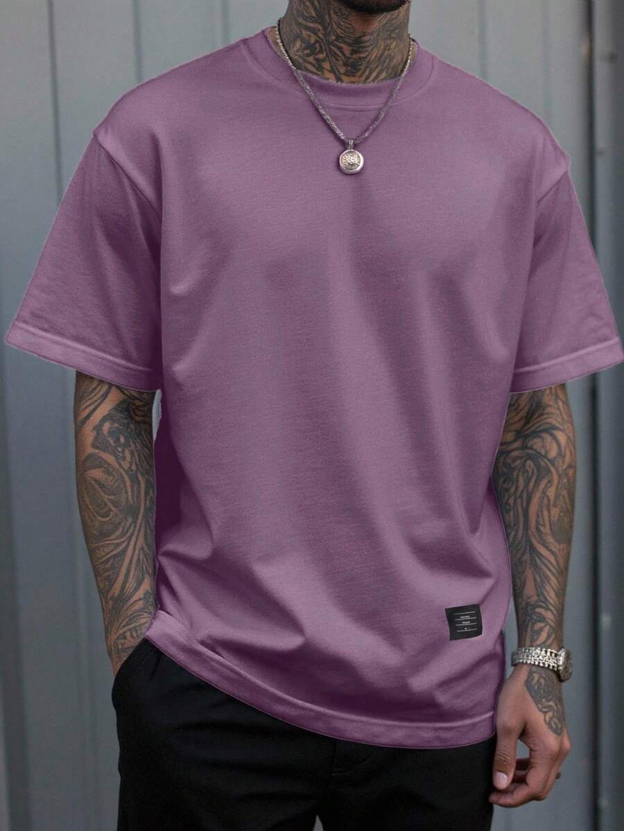 Manfinity Homme Men's Summer Casual Solid Color Drop Shoulder Short Sleeve T-Shirt - Purple - View 1