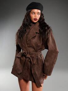 Normani Women's Snake Skin Pattern Loose Waist PU Leather Jacket - Brown - View 4