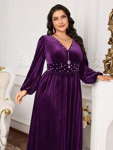 Modelyn Đầm dài tay cổ chữ V đính ngọc trai nhung thời trang cỡ lớn cho nữ - Màu tím - Xem 6
