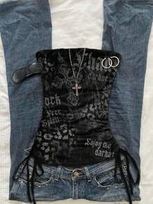 Attitoon 女士休闲抽绳系带露脐吊带背心，适合Y2K、复古风格，十字印花 - 彩色 - 查看 7