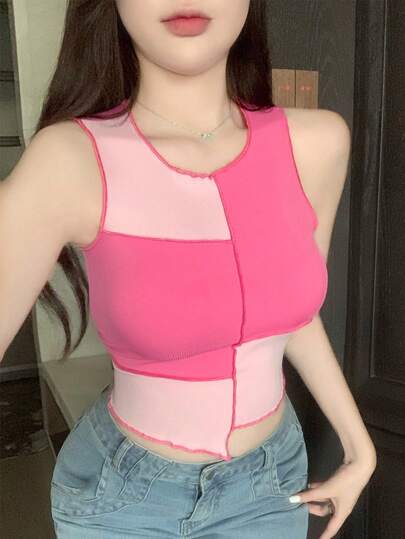 DAZY Ladies' Color Contrast Splice Sleeveless Top Tank Tops