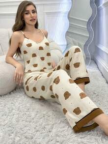 Bear Print V-Neck Camisole & Pants Pajama Set - Multicolor - View 5