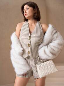 Chikora Plus Size Women Metal Single-Breasted Striped Halter Top And Shorts Casual 2 Pieces Set Short Jumpsuit For Women Cotton Rompers For Women Summer Suits For Women Winter Clothes For Women  Christmas Outfit For Women   New Year Clothes New Year's Outfit For Women Swing Suit Women Curve Rompers - Multicolor - View 8