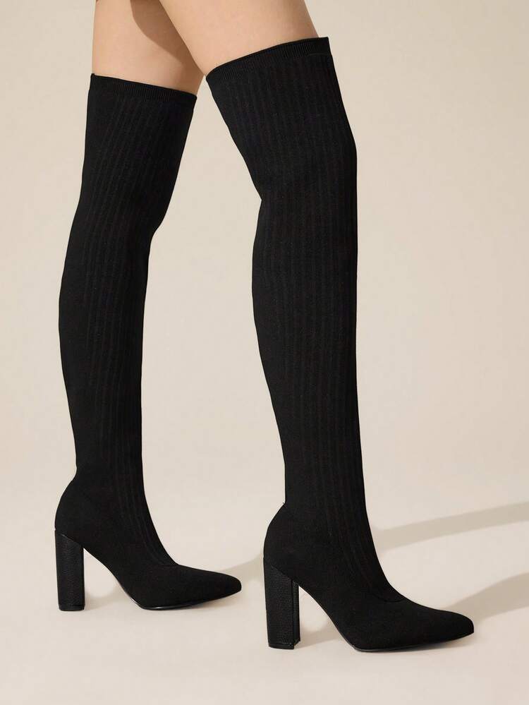 CUCCOO BASICS Women's Black Pointed Toe Fashionable Versatile Thigh-High Boots For Christmas