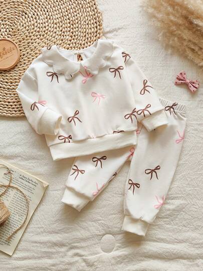 Vintaside Kids 女婴蝴蝶结印花彼得潘领长袖上衣和裤子可爱套装