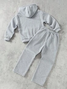 SHEIN Coolqubz 2 件套男童时尚连帽运动衫，带口袋和条纹拼布印花直筒裤，休闲户外装，春/秋/冬 - 灰色 - 查看 2