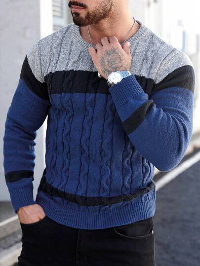 Manfinity Mode Suéter casual de cuello redondo de manga larga con contraste de color para hombre de talla grande, otoño/invierno