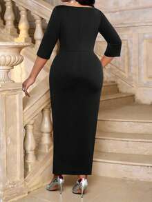 Fleurora 大码女士优雅高开衩褶皱派对连衣裙 - 黑色 - 查看 2