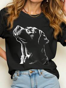 Camiseta casual de mujer de manga corta con cuello redondo y estampado de perros - Negro - Ver 1