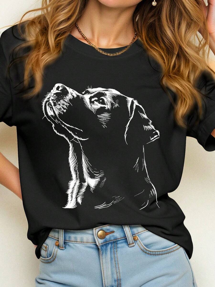 Camiseta casual de mujer de manga corta con cuello redondo y estampado de perros - Negro - Ver 1