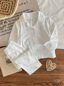 Baby Girls Pajamas-2 Piece Pajama SetWhite Light Blue Bow Print Round Collar Long Sleeve Button Front Long Pants Sleepwear Two Piece Outfit Soft Breathable Gentle Skin Friendly Four Season New Year 2026 Essential Baby Pajamas Cute Pj Set - Blue - View 1