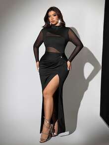 Viva Relle 大码女式性感透视网纱拼接高弹紧身高开衩扭结派对鸡尾酒会休闲工作通勤连衣裙，长袖 - 黑色 - 查看 3