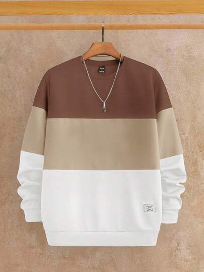 HIMLAND Knitted Casual Color Block Patch Round Neck Long Sleeve Pullover Sweatshirt Men Sweatshirts Earthy Clothes Men Brown Sweatshirt Brown Jersey For Men Men Pullovers