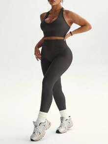 Easithlete Bộ đồ thể thao áo ba lỗ cổ yếm màu trơn cỡ lớn dành cho nữ và quần legging cạp cao - Màu xám đen - Xem 5