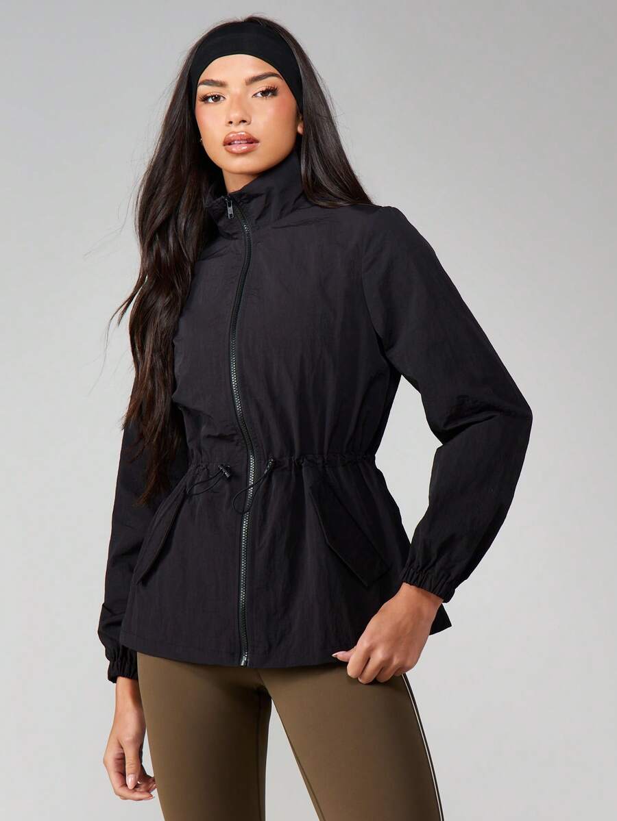MISSGUIDED Women Zip Up Cinch Waist Windbreaker Jacket With Side Pockets And Elastic Cuffs For Spring Fall Casual Outerwear - Black - View 1