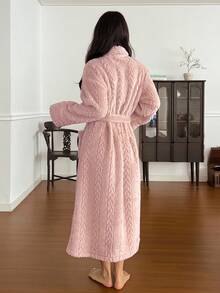 DAZY Women's Minimalist Textured Fleece Long Robe, Winter Loungewear - Pink - View 2