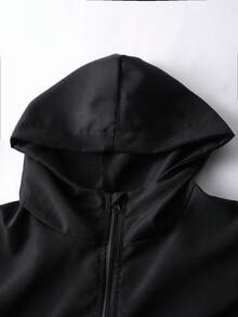 Vacaura 2pcs/Set Boys' Stylish Asymmetrical Line Print Hooded Half-Zip Jacket And Drawstring Pants Sports Casual Outfit, Spring/Autumn - Black - View 3