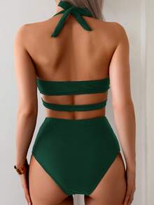 Swim Basics Best Selling Halter Tie Front Bikini Set, Black, Beach Holiday, Swimwear For Beach, Party - Green - View 2